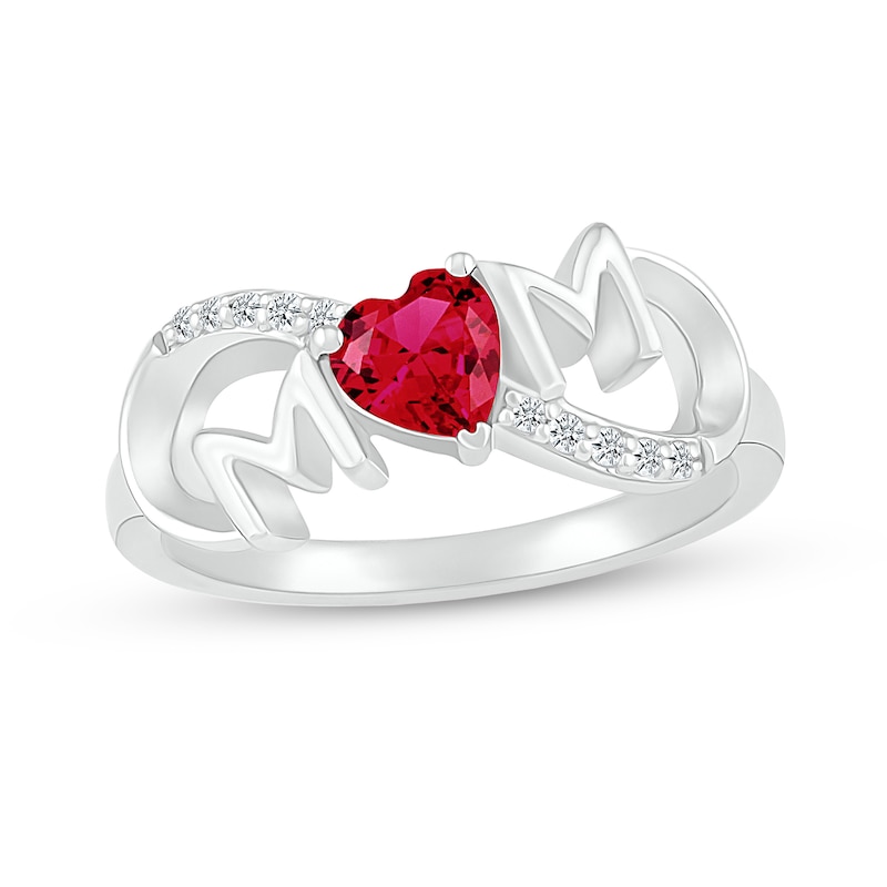 5.0mm Heart-Shaped Lab-Created Ruby and White Lab-Created Sapphire "MOM" Infinity Ring in Sterling Silver
