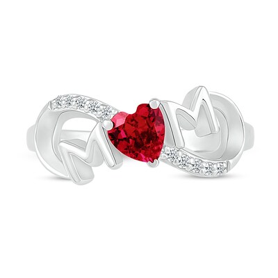 5.0mm Heart-Shaped Lab-Created Ruby and White Lab-Created Sapphire "MOM" Infinity Ring in Sterling Silver