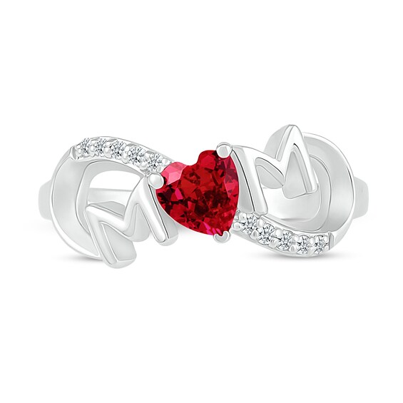 5.0mm Heart-Shaped Lab-Created Ruby and White Lab-Created Sapphire "MOM" Infinity Ring in Sterling Silver