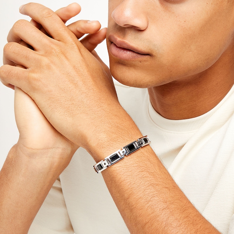 Main Image 2 of Men's Baguette Onyx and 0.25 CT. T.W. Black Diamond Link Bracelet in Sterling Silver - 8.5"