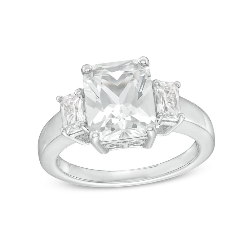 Emerald-Cut White Lab-Created Sapphire Three Stone Ring in Sterling Silver
