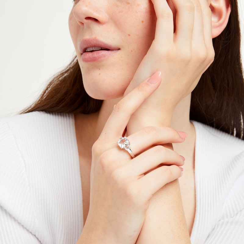 Main Image 2 of Emerald-Cut White Lab-Created Sapphire Three Stone Ring in Sterling Silver