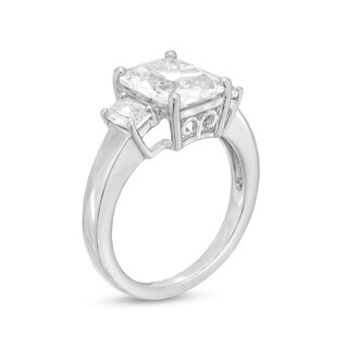 Emerald-Cut White Lab-Created Sapphire Three Stone Ring in Sterling Silver