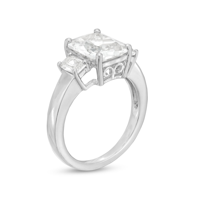 Main Image 3 of Emerald-Cut White Lab-Created Sapphire Three Stone Ring in Sterling Silver