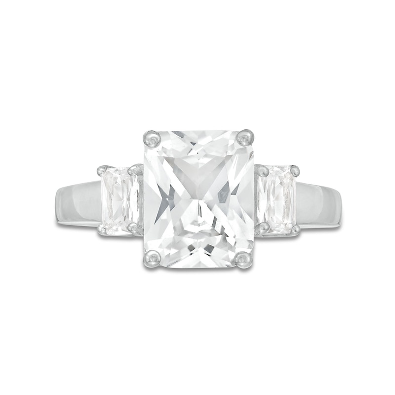 Emerald-Cut White Lab-Created Sapphire Three Stone Ring in Sterling Silver