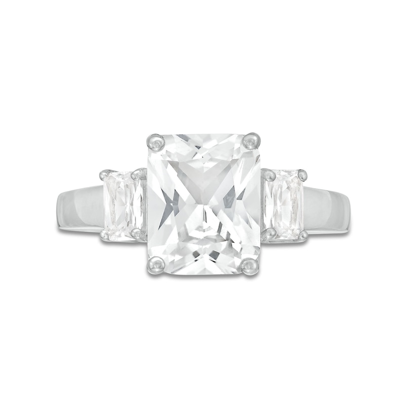 Main Image 4 of Emerald-Cut White Lab-Created Sapphire Three Stone Ring in Sterling Silver
