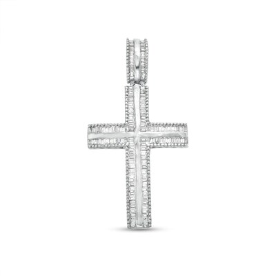 Men's 0.45 CT. T.W. Baguette Diamond Textured Edge Cross Charm in 10K White Gold