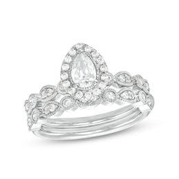 0.70 CT. T.W. Pear-Shaped Diamond Frame Vintage-Style Bridal Set in 14K White Gold (I/SI2)