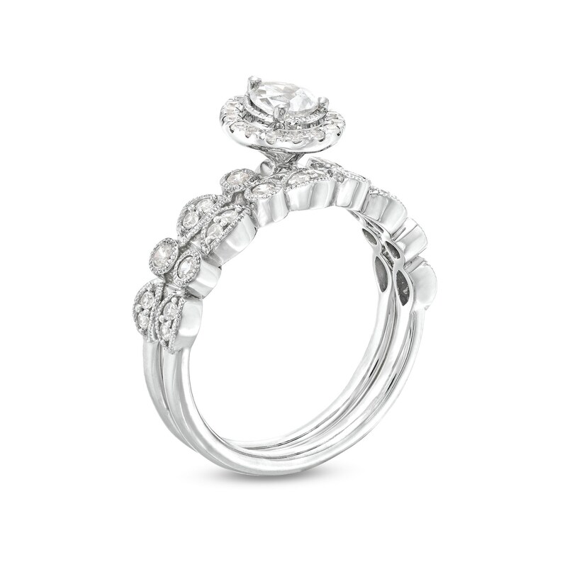 Main Image 3 of 0.70 CT. T.W. Pear-Shaped Diamond Frame Vintage-Style Bridal Set in 14K White Gold (I/SI2)