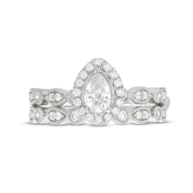Main Image 4 of 0.70 CT. T.W. Pear-Shaped Diamond Frame Vintage-Style Bridal Set in 14K White Gold (I/SI2)