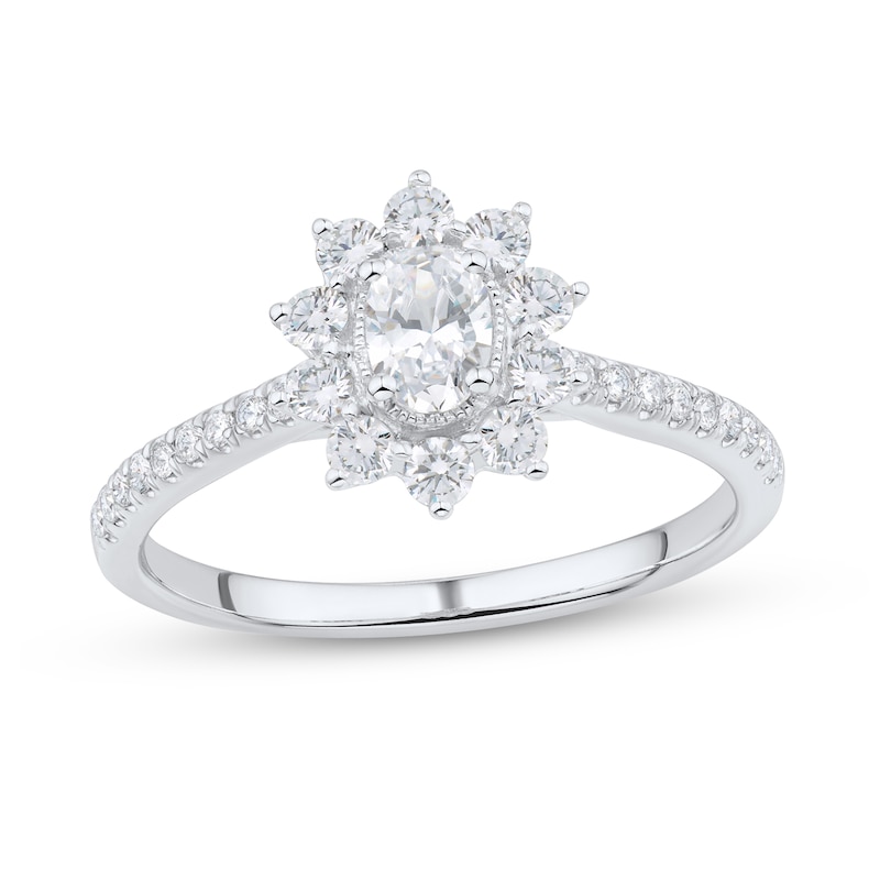 0.75 CT. T.W. Oval Diamond Sunburst Frame Vintage-Style Engagement Ring in 14K White Gold (I/I1)