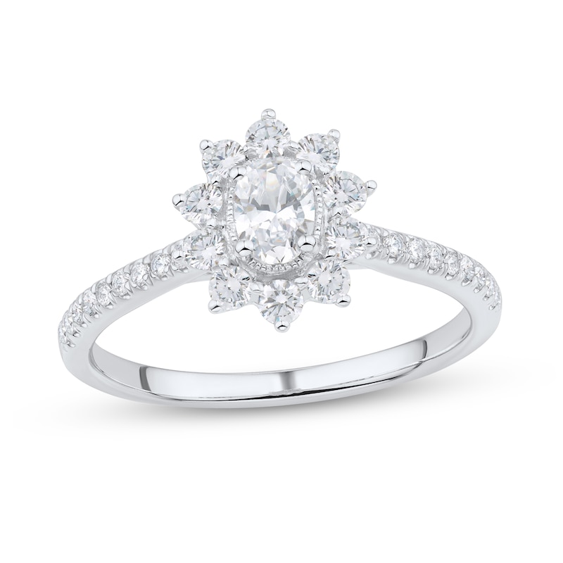 0.75 CT. T.W. Oval Diamond Sunburst Frame Vintage-Style Engagement Ring in 14K White Gold (I/I1)|Peoples Jewellers