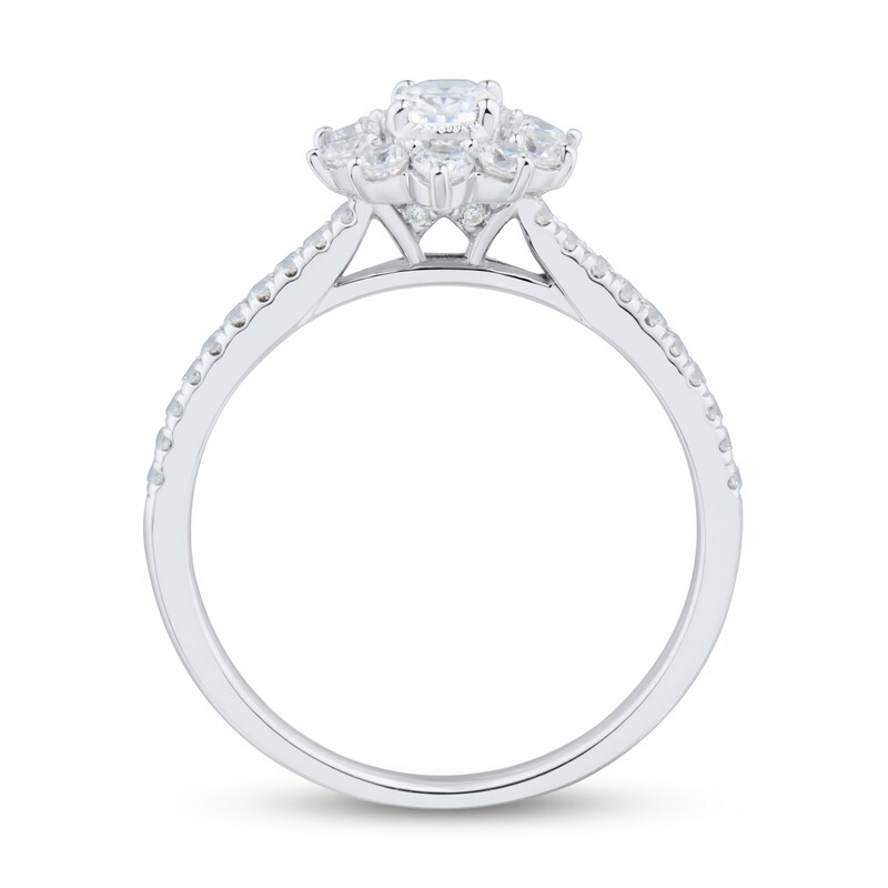 Main Image 2 of 0.75 CT. T.W. Oval Diamond Sunburst Frame Vintage-Style Engagement Ring in 14K White Gold (I/I1)