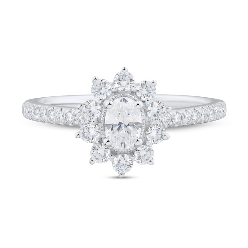 Main Image 3 of 0.75 CT. T.W. Oval Diamond Sunburst Frame Vintage-Style Engagement Ring in 14K White Gold (I/I1)