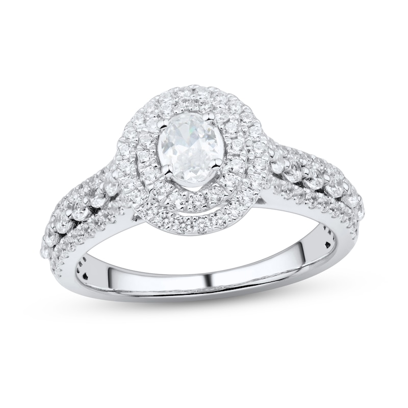 0.95 CT. T.W. Oval Diamond Double Frame Engagement Ring in 14K White Gold (I/I2)|Peoples Jewellers