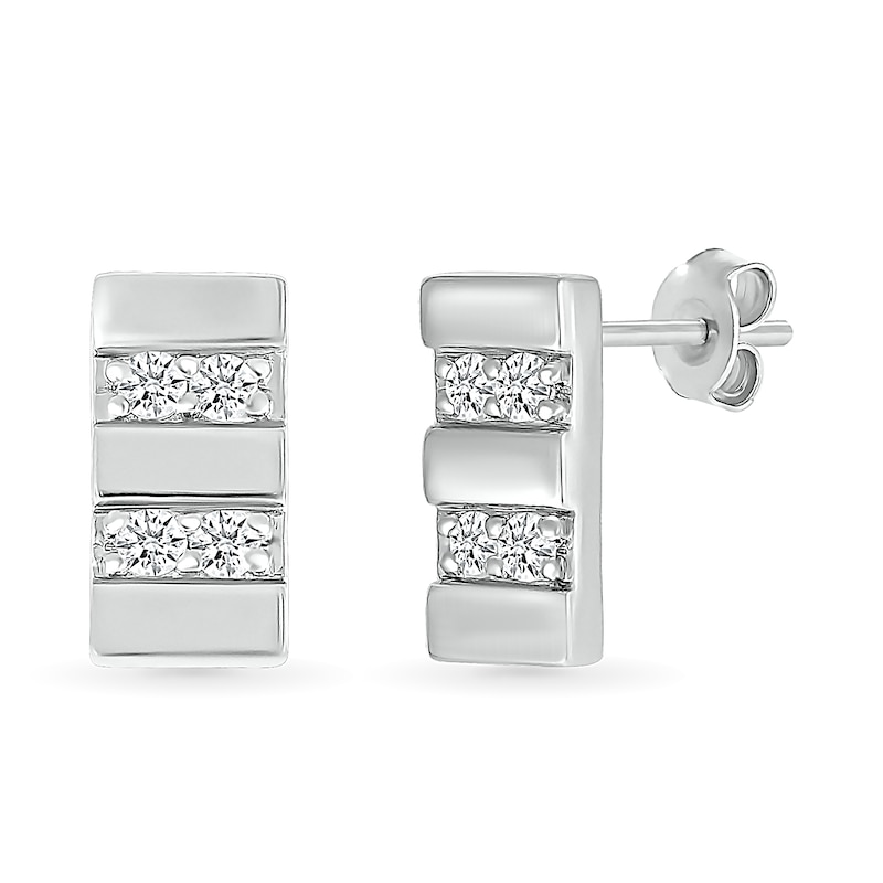 Main Image 1 of Men's 0.18 CT. T.W. Diamond Double Row Rectangular Stud Earrings in Sterling Silver