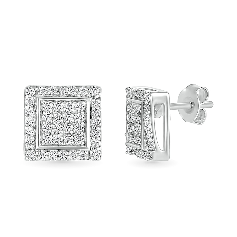 Main Image 1 of Men's 0.23 CT. T.W. Square-Shaped Multi-Diamond Swirl Frame Stud Earrings in Sterling Silver