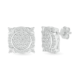 Men's 0.45 CT. T.W. Multi-Diamond Frame Ornate Four-Corner Accent Stud Earrings in Sterling Silver