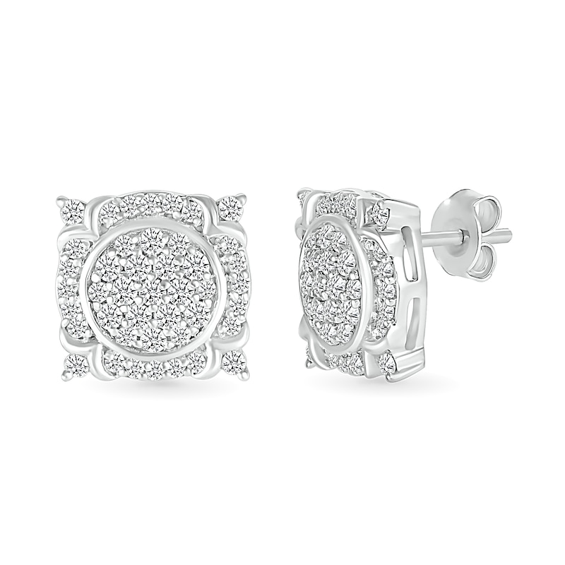 Main Image 1 of Men's 0.45 CT. T.W. Multi-Diamond Frame Ornate Four-Corner Accent Stud Earrings in Sterling Silver