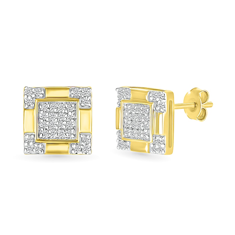 Main Image 1 of Men's 0.145 CT. T.W. Square-Shaped Multi-Diamond Frame Four-Corner Trio Accent Stud Earrings in 10K Gold
