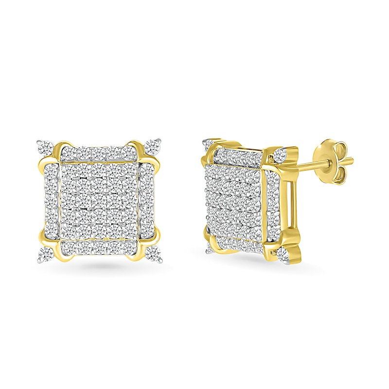 Men's 0.95 CT. T.W. Square-Shaped Multi-Diamond Frame Ornate Four-Corner Accent Stud Earrings in 10K Gold|Peoples Jewellers