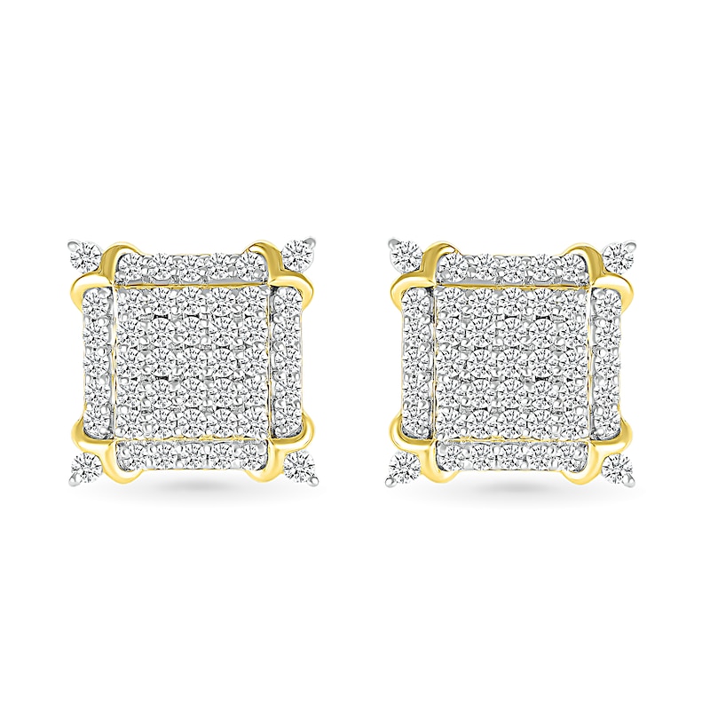 Men's 0.95 CT. T.W. Square-Shaped Multi-Diamond Frame Ornate Four-Corner Accent Stud Earrings in 10K Gold