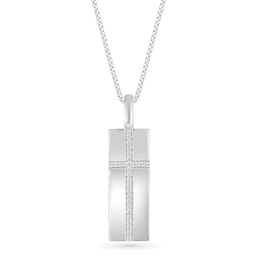 Men's 0.18 CT. T.W. Diamond Cross Narrow Dog Tag Pendant in Sterling Silver - 22&quot;