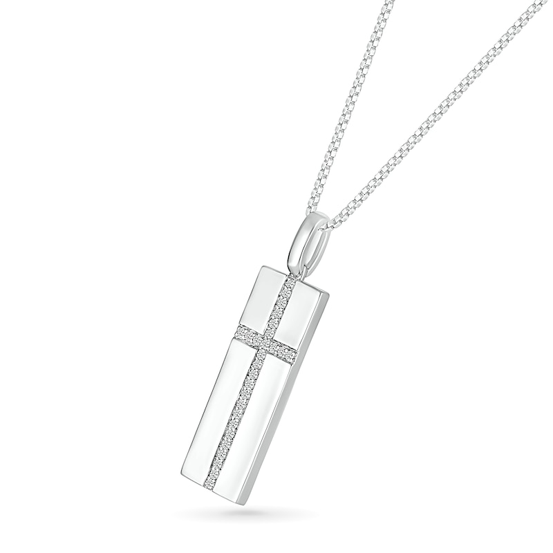 Main Image 2 of Men's 0.18 CT. T.W. Diamond Cross Narrow Dog Tag Pendant in Sterling Silver - 22"