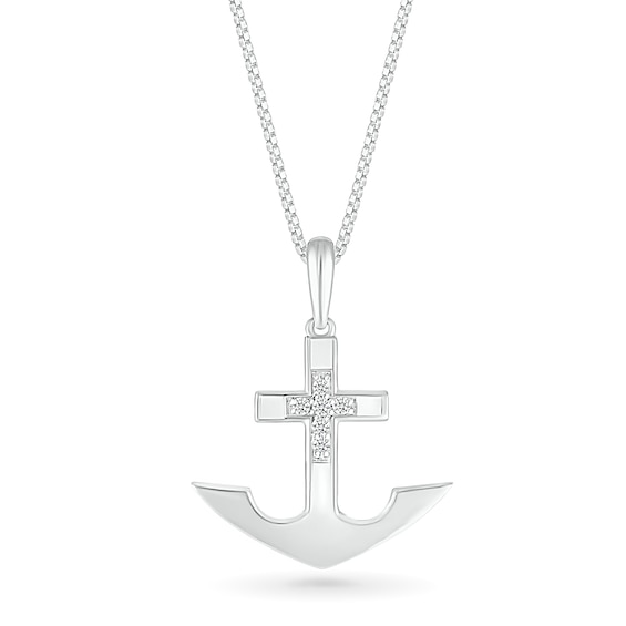 Men's 0.085 CT. T.W. Diamond Mini Cross Anchor Pendant in Sterling Silver - 22"