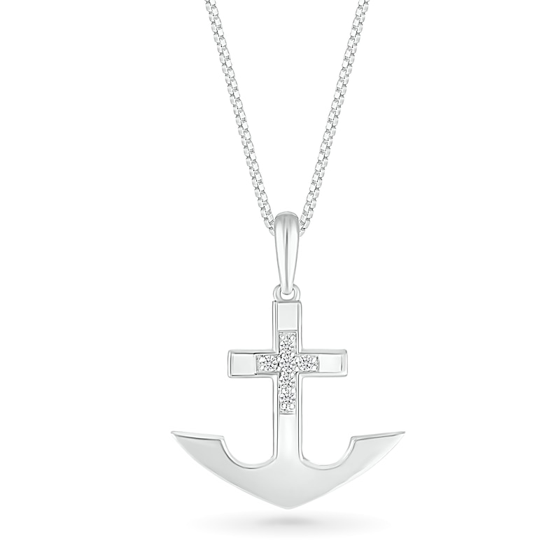 Main Image 1 of Men's 0.085 CT. T.W. Diamond Mini Cross Anchor Pendant in Sterling Silver - 22"