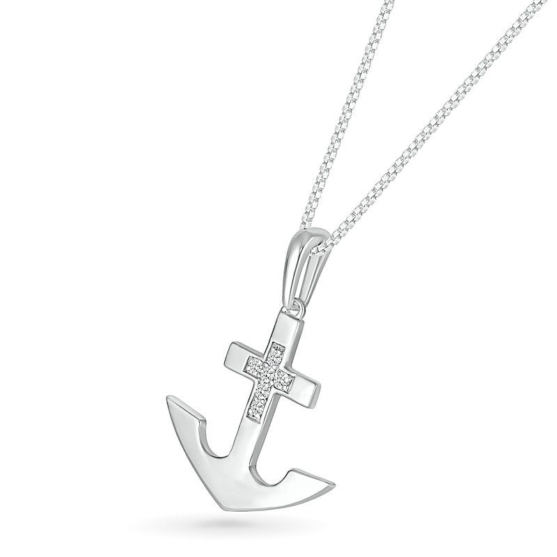 Men's 0.085 CT. T.W. Diamond Mini Cross Anchor Pendant in Sterling Silver - 22"