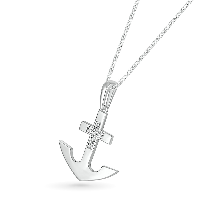 Main Image 2 of Men's 0.085 CT. T.W. Diamond Mini Cross Anchor Pendant in Sterling Silver - 22"