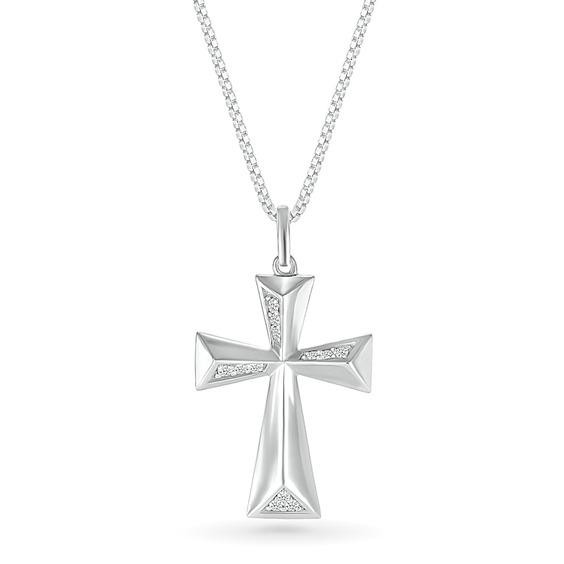Men's 0.115 CT. T.W. Diamond Three-Dimensional Pyramid-Style Flared Cross Pendant in 10K White Gold - 22"