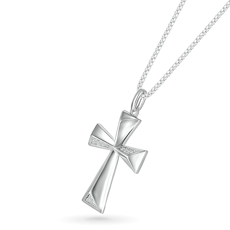 Main Image 2 of Men's 0.115 CT. T.W. Diamond Three-Dimensional Pyramid-Style Flared Cross Pendant in 10K White Gold - 22"