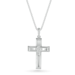 Men's 0.04 CT. T.W. Diamond Inlay Three-Dimensional Double Cross Pendant in 10K White Gold - 22"