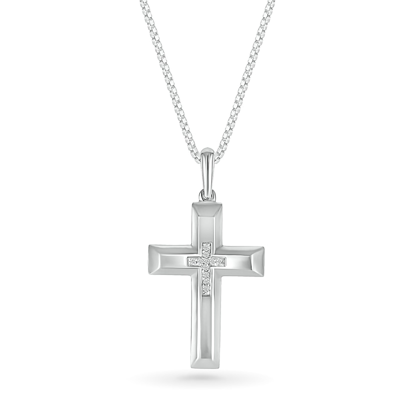 Men's 0.04 CT. T.W. Diamond Inlay Three-Dimensional Double Cross Pendant in 10K White Gold - 22"
