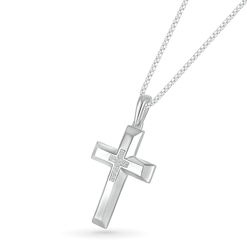 Main Image 2 of Men's 0.04 CT. T.W. Diamond Inlay Three-Dimensional Double Cross Pendant in 10K White Gold - 22"