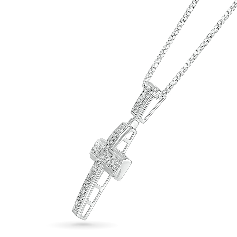 Main Image 2 of Men's 0.29 CT. T.W. Diamond Double Row Layered Cross Drop Pendant in 10K White Gold - 22"