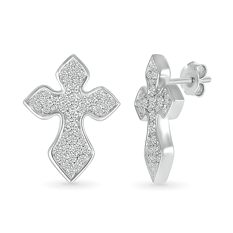 Main Image 1 of Men's 0.29 CT. T.W. Diamond Gothic-Style Cross Stud Earrings in 10K White Gold