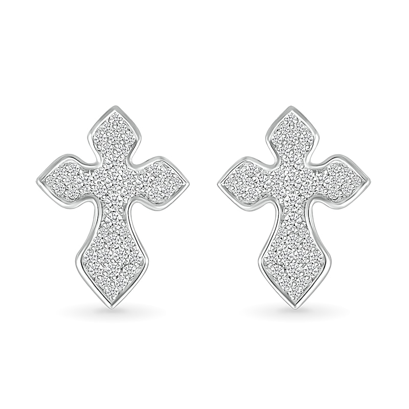 Main Image 2 of Men's 0.29 CT. T.W. Diamond Gothic-Style Cross Stud Earrings in 10K White Gold