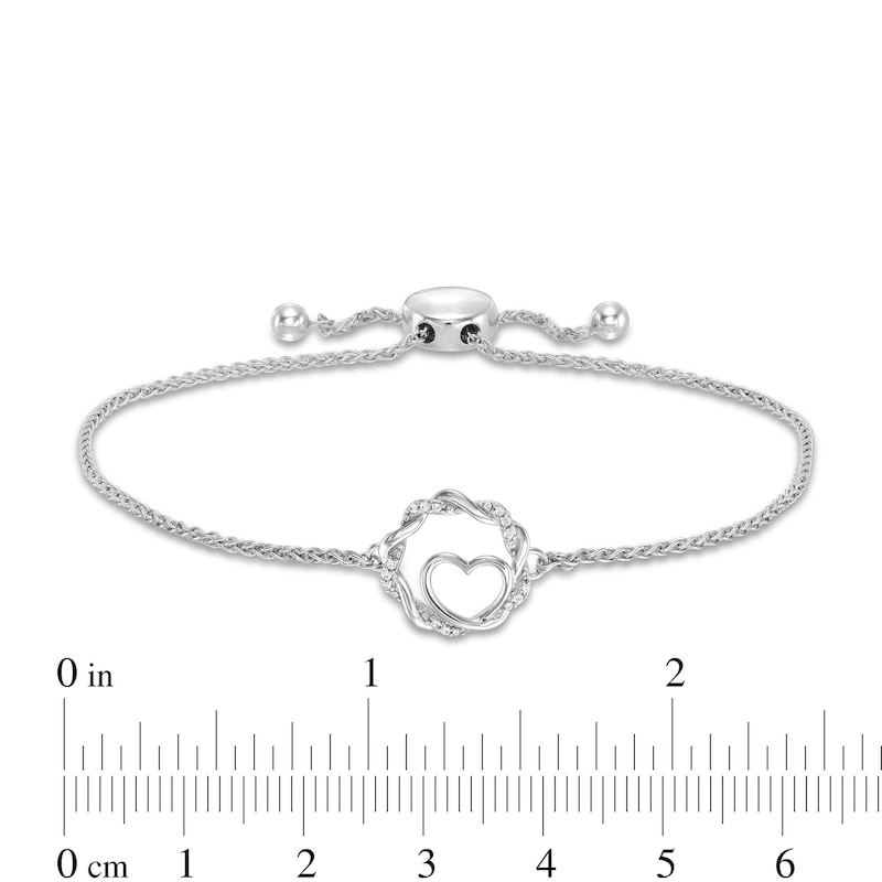 Main Image 3 of Circle of Gratitude® Collection 0.04 CT. T.W. Diamond Twist with Heart Bolo Bracelet in Sterling Silver - 9.5"
