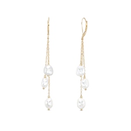 6.0-7.0mm Baroque Freshwater Cultured Pearl Triple Strand Drop Earrings in 10K Gold