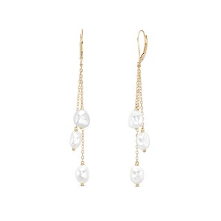 6.0-7.0mm Baroque Freshwater Cultured Pearl Triple Strand Drop Earrings in 10K Gold