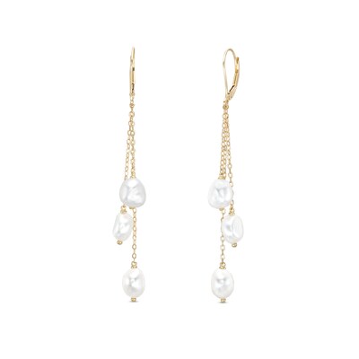 6.0-7.0mm Baroque Freshwater Cultured Pearl Triple Strand Drop Earrings in 10K Gold