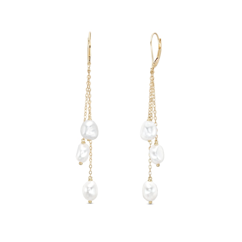 6.0-7.0mm Baroque Cultured Freshwater Pearl Triple Strand Drop Earrings in 10K Gold|Peoples Jewellers