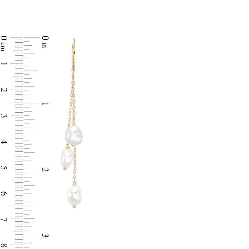 Main Image 3 of 6.0-7.0mm Baroque Freshwater Cultured Pearl Triple Strand Drop Earrings in 10K Gold