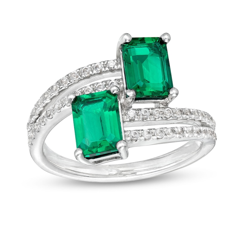Emerald-Cut Lab-Created Emerald and White Lab-Created Sapphire Double Row Bypass Ring in Sterling Silver