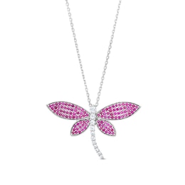 Lab-Created Ruby and White Lab-Created Sapphire Dragonfly Pendant in Sterling Silver