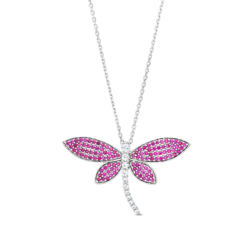 Lab-Created Ruby and White Lab-Created Sapphire Dragonfly Pendant in Sterling Silver