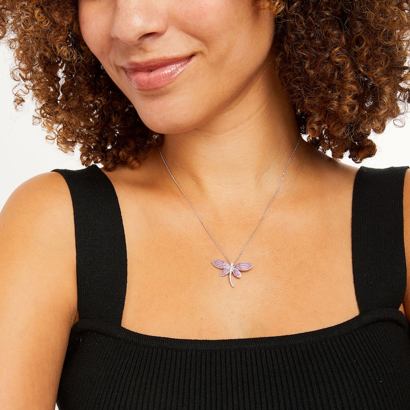 Lab-Created Ruby and White Lab-Created Sapphire Dragonfly Pendant in Sterling Silver